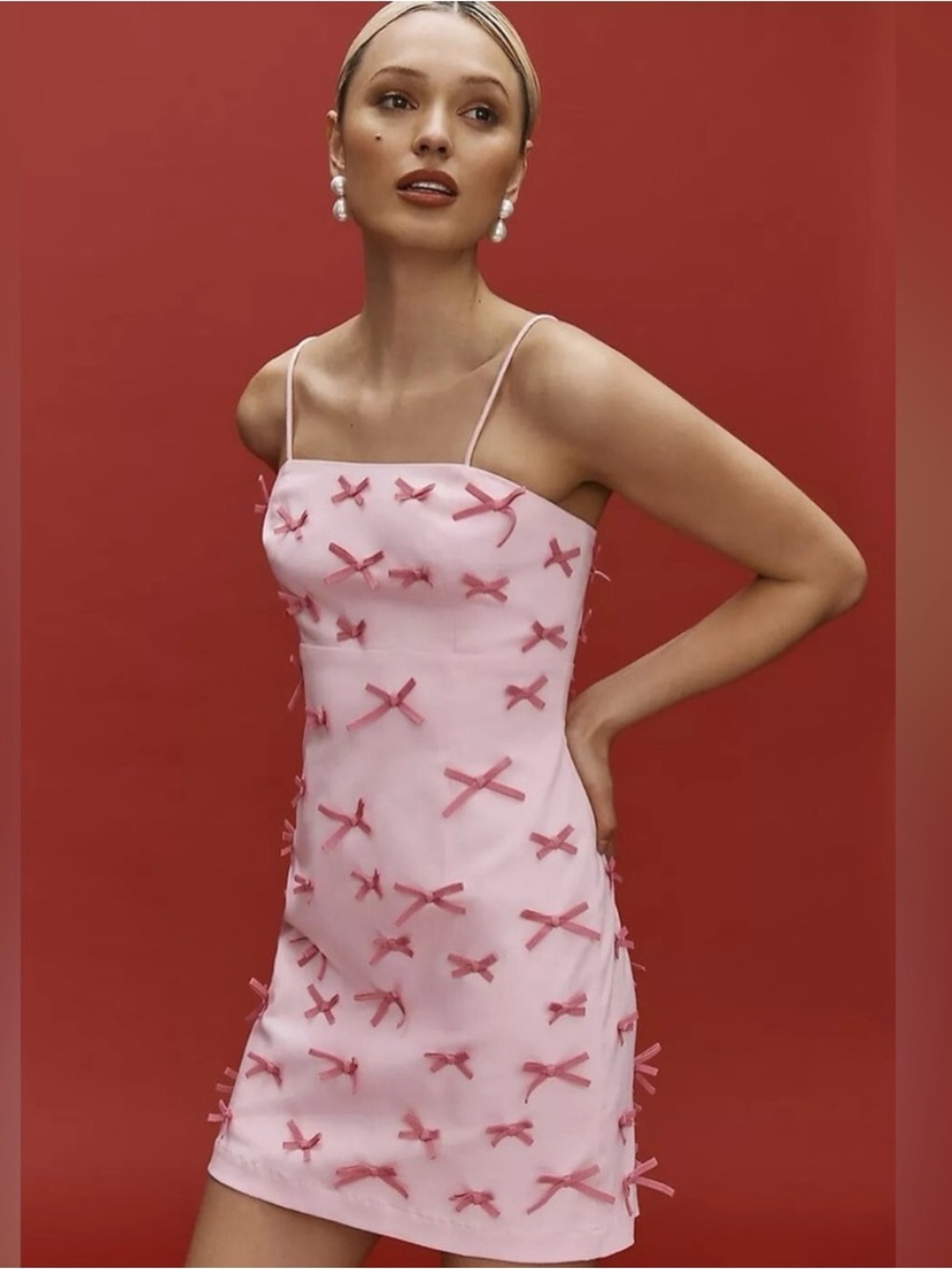 Anthropologie Pink Bow-Embellished Mini Dress
